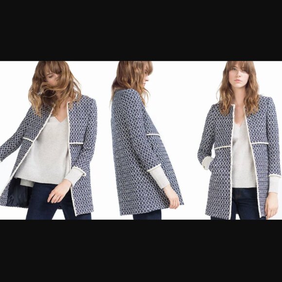 Zara Jackets & Blazers - Zara Viral The Frayed Printed Coat in Ecru and Blue @thatcoat Size XL